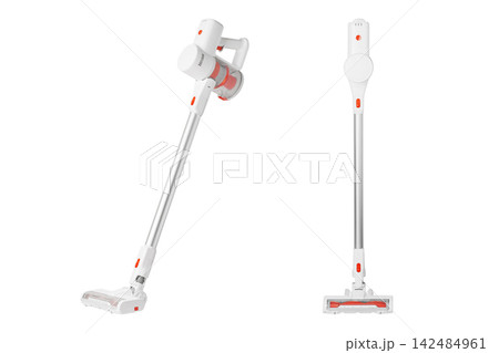 Set White background showcases sleek cordless vacuum technology. Wireless stick cleaner for modern 142484961