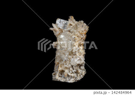 Natural Fluorite and Quartz Crystal Cluster Isolated on Black 142484964