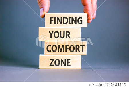Finding your comfort zone words symbol. Concept words Finding your comfort zone on beautiful wooden blocks. Beautiful grey background. Psychological finding your comfort zone concept. Copy space. Finding your comfort zone words symbol. Concept words Finding your comfort zone on beautiful wooden blocks. Beautiful grey background. Psychological finding your comfort zone concept. Copy space. 142485345
