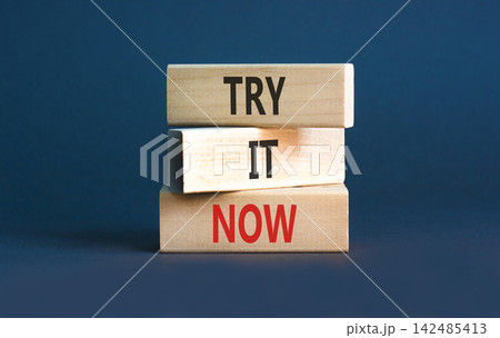 Try it now words symbol. Concept words Try is now on beautiful wooden blocks. Beautiful grey background. Business support motivational and try is now concept. Copy space. Try it now words symbol. Concept words Try is now on beautiful wooden blocks. Beautiful grey background. Business support motivational and try is now concept. Copy space. 142485413