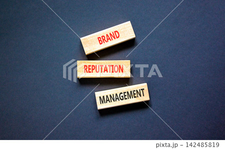 Brand reputation management words symbol. Concept words Brand reputation management on beautiful wooden blocks. Beautiful black background. Business brand reputation management concept. Copy space. 142485819