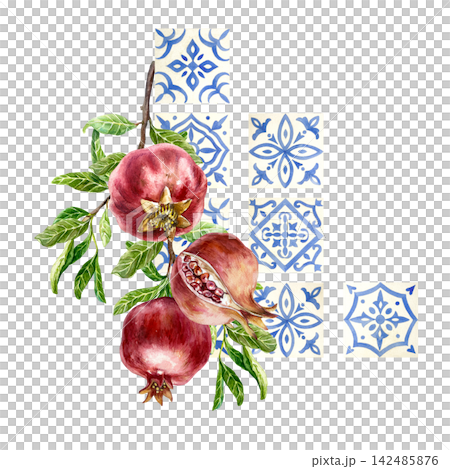 Ripe pomegranates with green leaves and blue azulejo tiles. Hand drawn watercolor illustration isolated on a white. Perfect for packaging, textiles, wall hangings and Mediterranean style decor. Ripe pomegranates with green leaves and blue azulejo tiles. Hand drawn watercolor illustration isolated on a white. Perfect for packaging, textiles, wall hangings and Mediterranean style decor. 142485876