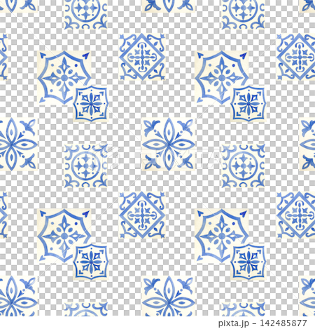 Blue azulejo tile motifs, seamless pattern. Hand drawn watercolor illustration, isolated. Perfect for packaging, textiles, wallpaper and Mediterranean style decor. 142485877
