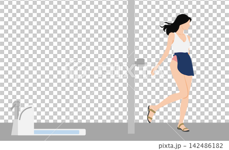 An illustration of a woman whose skirt is tucked into her pants. 142486182