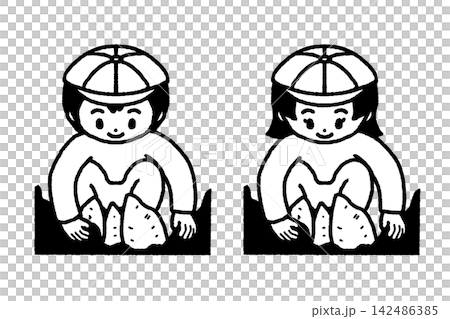 白黒　園児　こども　芋ほり　さつまいも　イラストセット 142486385