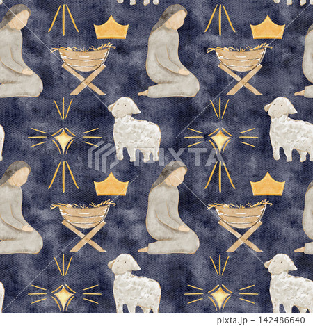 Kneeling Mary beside a manger, crown, lamb and a glowing golden star. Hand-painted watercolor nativity seamless pattern on dark blue background, ideal for Christmas cards, packaging, holiday designs. 142486640