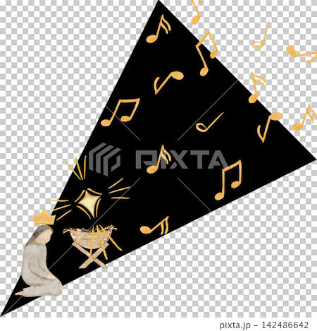Delicate watercolor music notes in warm golden tones, painted with soft texture and gentle flow. This hand-painted clip art adds a festive, joyful atmosphere, perfect for Christmas projects 142486642