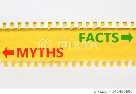 Facts or myths words symbol. Concept words Myths and Facts on beautiful yellow paper. Beautiful white background. Business and facts or myths concept. Copy space. Facts or myths words symbol. Concept words Myths and Facts on beautiful yellow paper. Beautiful white background. Business and facts or myths concept. Copy space. 142486696