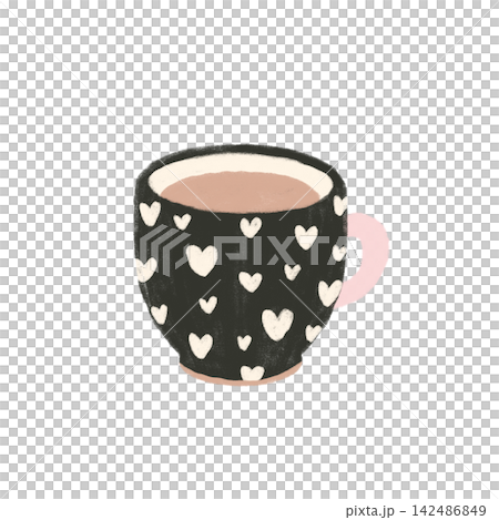 Cozy black heart mug, pencil sketch cute autumn coffee cup illustration Cozy black heart mug, pencil sketch cute autumn coffee cup illustration 142486849