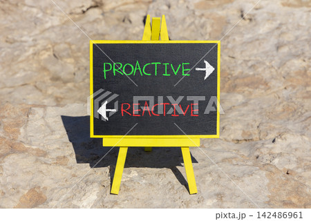 Proactive and reactive symbol. Concept word Proactive Reactive on beautiful yellow blackboard. Beautiful stone background. Business proactive and reactive concept. Copy space. Proactive and reactive symbol. Concept word Proactive Reactive on beautiful yellow blackboard. Beautiful stone background. Business proactive and reactive concept. Copy space. 142486961