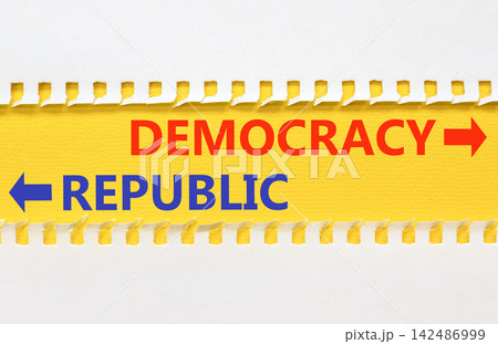 Democracy or republic words symbol. Concept words Democracy Republic on beautiful yellow paper. Beautiful white background. Business democracy republic concept. Copy space 142486999