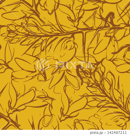 Seamless floral vector pattern featuring hand-drawn Spanish gorse (Genista hispanica) blooms, branches, and thorns in warm mustard yellow and brown. 142487211