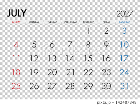 2027年7月曆，顯示當天是哪一天。 （星期日為第一天）未標示日本公休日。 142487849