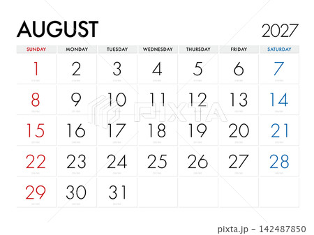 2027年の何日目かが分る2027年8月のカレンダー。(日曜始まり)日本の祝日表記無し 2027年の何日目かが分る2027年8月のカレンダー。(日曜始まり)日本の祝日表記無し 142487850
