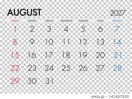 2027年の何日目かが分る2027年8月のカレンダー。(日曜始まり)日本の祝日表記無し 2027年の何日目かが分る2027年8月のカレンダー。(日曜始まり)日本の祝日表記無し 142487850