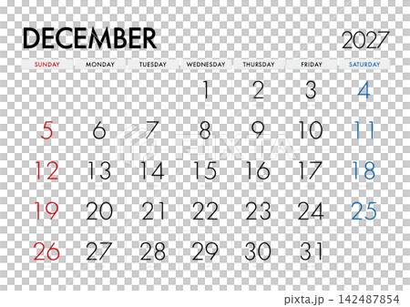 2027年12月日曆,顯示當天是哪一天。 (星期日為第一天)未標示日本公休日。 2027年12月日曆,顯示當天是哪一天。 (星期日為第一天)未標示日本公休日。 142487854