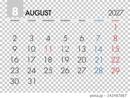 A calendar for August 2027 that shows which day of the year it is. (Starts on Monday) 142487867