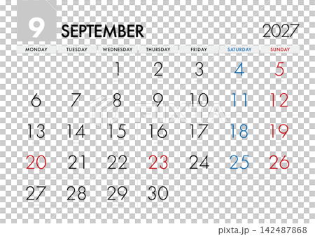 A calendar for September 2027 that shows which day of the year it is. (Starts on Monday) A calendar for September 2027 that shows which day of the year it is. (Starts on Monday) 142487868