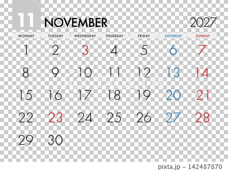 2027年11月日曆，顯示當天是哪一天。 （從星期一開始） 142487870