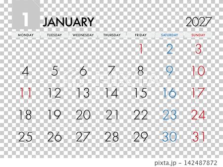 2027年1月日曆,顯示日期。 (從星期一開始) 2027年1月日曆,顯示日期。 (從星期一開始) 142487872
