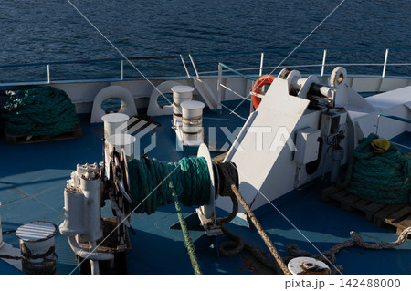 Ferry boat deck with mooring ropes and bitts against small boats parked in harbor,Malta,June 19,2026 142488000