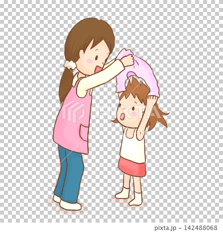 幼兒園老師幫助小女孩換衣服的插畫(背景透明)。 幼兒園老師幫助小女孩換衣服的插畫(背景透明)。 142488068