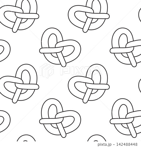 Traditional German pretzel in black and white doodle. Simple Oktoberfest pattern for bakery branding and beer garden menus Traditional German pretzel in black and white doodle. Simple Oktoberfest pattern for bakery branding and beer garden menus 142488448