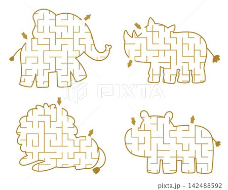 African savanna mazes set shaped as elephant., rhino, hippo, lion. Simple geometrical labyrinth games collection. Printable savannah activity or worksheet framed as safari animals 142488592