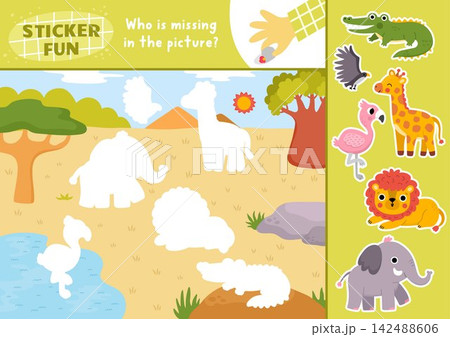 Vector savanna animals cut and glue activity. Crafting safari game with cute safari landscape, giraffe, elephant, lion. Wildlife printable worksheet. Complete picture. Fill up African savanna Vector savanna animals cut and glue activity. Crafting safari game with cute safari landscape, giraffe, elephant, lion. Wildlife printable worksheet. Complete picture. Fill up African savanna 142488606