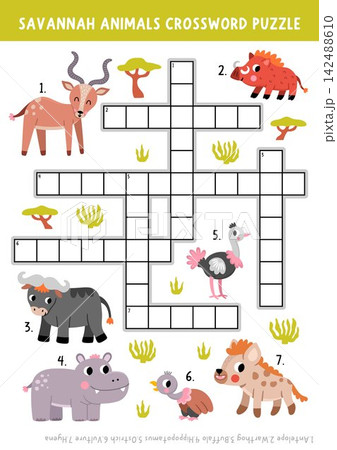 Vector safari animals crossword puzzle for kids. African savannah quiz with antelope, warthog, ostrich. Cute wildlife savanna nature educational cross word activity with buffalo, hyena, hippo Vector safari animals crossword puzzle for kids. African savannah quiz with antelope, warthog, ostrich. Cute wildlife savanna nature educational cross word activity with buffalo, hyena, hippo 142488610