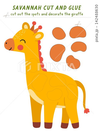 Vector savanna cut and glue or sticker activity with giraffe spots. Safari scissors practice game with animal skin pattern. Fill up African savannah worksheet. Complete picture, puzzle Vector savanna cut and glue or sticker activity with giraffe spots. Safari scissors practice game with animal skin pattern. Fill up African savannah worksheet. Complete picture, puzzle 142488630
