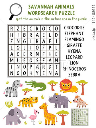 Vector safari animals word search puzzle for kids. African savannah wordsearch quiz. Cute wildlife savanna nature educational nature cross word activity with elephant, lion, giraffe, zebra Vector safari animals word search puzzle for kids. African savannah wordsearch quiz. Cute wildlife savanna nature educational nature cross word activity with elephant, lion, giraffe, zebra 142488631