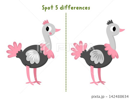 Safari find differences game for children with ostrich. African savanna educational activity with cute animal. Puzzle for kids with funny character. Savannah printable worksheet, page with wild bird Safari find differences game for children with ostrich. African savanna educational activity with cute animal. Puzzle for kids with funny character. Savannah printable worksheet, page with wild bird 142488634