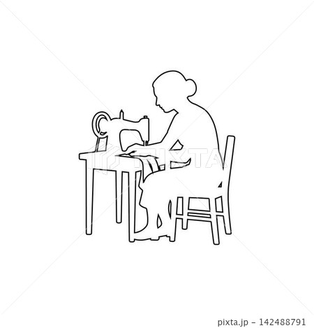 seamstress outline icon woman working with sewing machine illustration 142488791