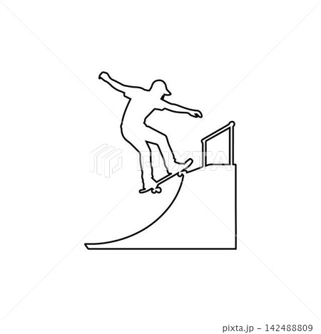 skateboarder performing trick on ramp outline isolated on white background skateboarder performing trick on ramp outline isolated on white background 142488809