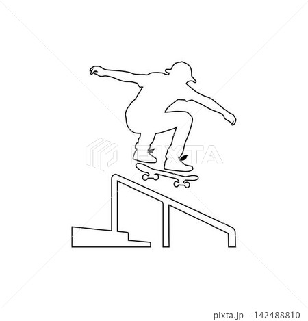 skateboarder performing trick on stairs outline isolated on white background 142488810