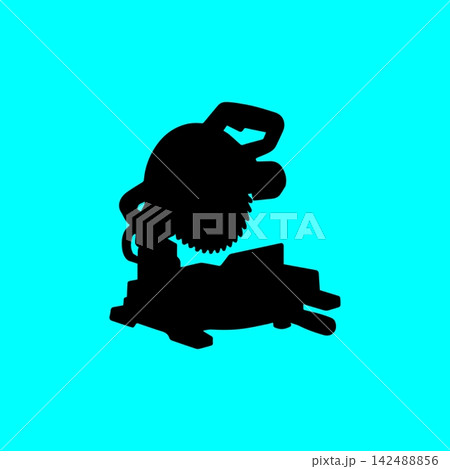 Miter saw power tool black silhouette icon on cyan background for woodworking and carpentry workshop equipment. Miter saw power tool black silhouette icon on cyan background for woodworking and carpentry workshop equipment. 142488856