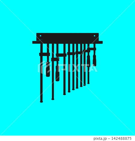 Set of adjustable bar clamps icon with black silhouette on cyan background for woodworking and carpentry workshop storage. Set of adjustable bar clamps icon with black silhouette on cyan background for woodworking and carpentry workshop storage. 142488875