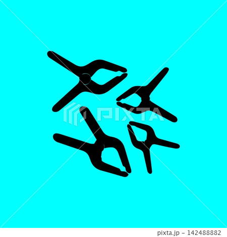 Spring clamp tools set black silhouette icons on cyan background for woodworking and craft fixing. Spring clamp tools set black silhouette icons on cyan background for woodworking and craft fixing. 142488882