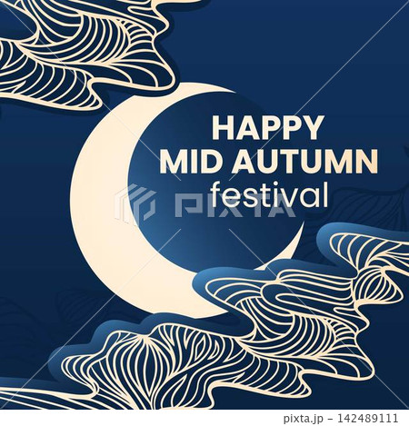 Elegant Mid-Autumn Festival design with crescent moon and flowing botanical line art on dark blue background. Sophisticated seasonal design for greetings, posters, banners and cultural celebrations. 142489111