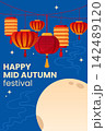 Mid-Autumn Festival illustration with colorful traditional Chinese lanterns against night sky with stars, decorative clouds and a large full moon. Good for Asian holiday designs, posters and banners. 142489120