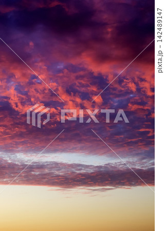 fiery red and purple clouds over golden horizon band at sunset fiery red and purple clouds over golden horizon band at sunset 142489147