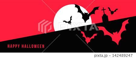 happy halloween banner with full moon and flying bats 142489247