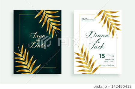 stylish golden leaves premium wedding card invitation design 142490412
