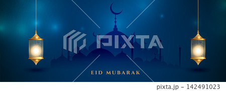 islamic eid mubarak festival blue banner design 142491023