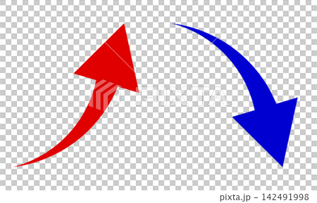 Upward and downward arrow icons, red and blue. Upward and downward arrow icons, red and blue. 142491998