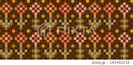 Pixelated flowers folk seamless vector pattern, Geometric retro quilt background, Floral border squares for autumn fabric designs Pixelated flowers folk seamless vector pattern, Geometric retro quilt background, Floral border squares for autumn fabric designs 142492216
