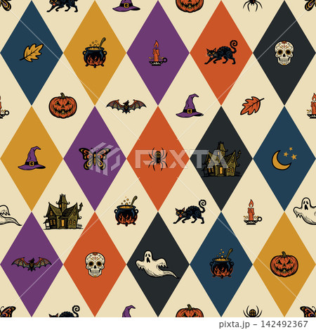Halloween elements in colorful diamond shape seamless pattern 142492367