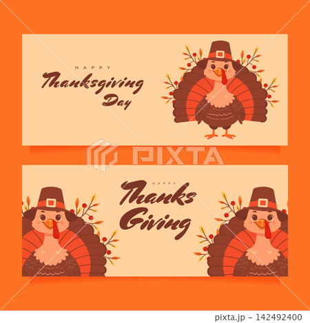 thanksgiving day horizontal banners set vector illustration with turkeys 142492400
