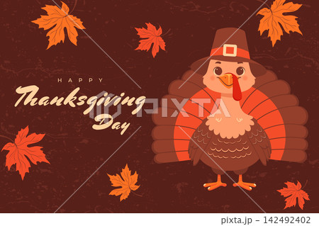 festive greeting card design featuring cute pilgrim bird and brown typography 142492402